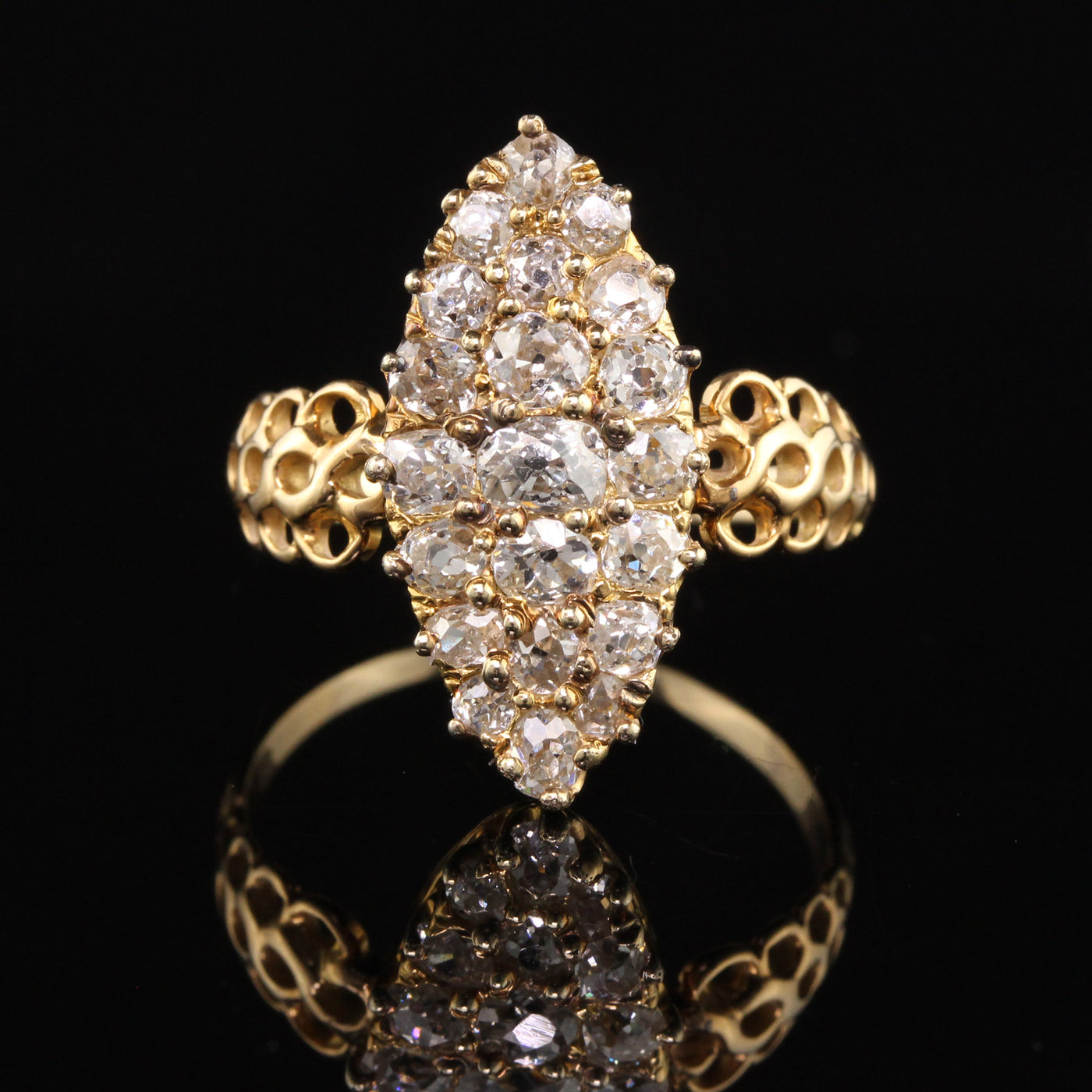 Antique Victorian 18K Yellow Gold Old Mine Diamond Navette Shield Ring