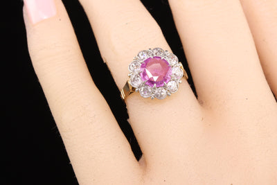 Antique Edwardian 18K Yellow Gold Pink Sapphire Old Mine Diamond Engagement Ring