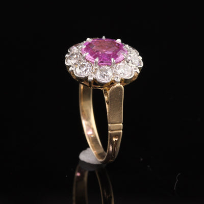 Antique Edwardian 18K Yellow Gold Pink Sapphire Old Mine Diamond Engagement Ring