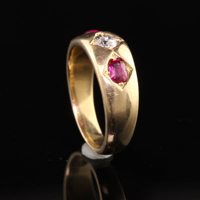 Antique Victorian 18K Yellow Gold Old European Diamond and Ruby Three Stone Ring