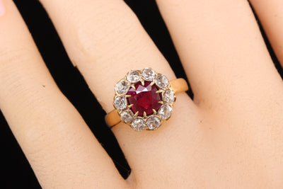 Antique Victorian 18K Yellow Gold Burma Ruby Old Mine Diamond Engagement Ring