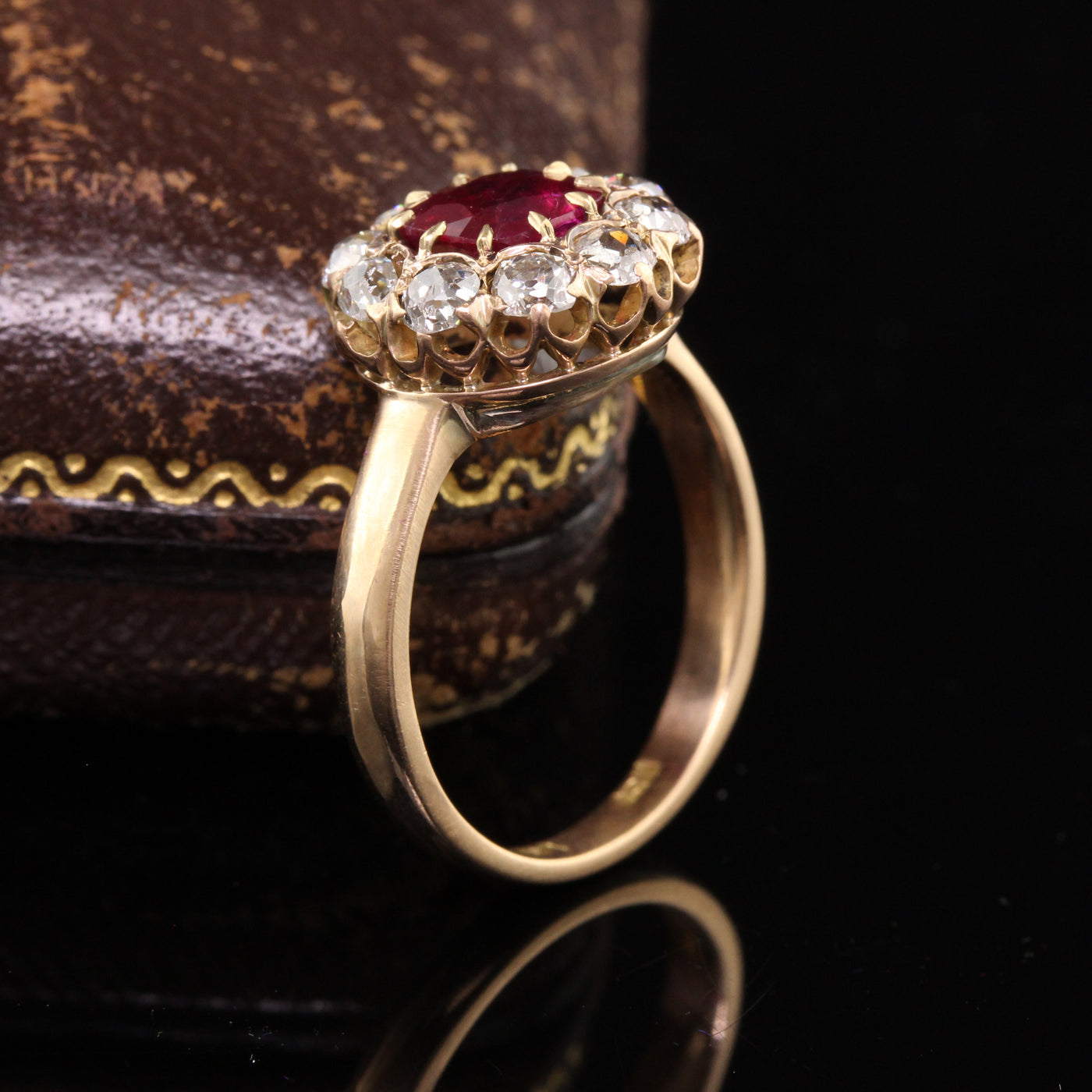Antique Victorian 18K Yellow Gold Burma Ruby Old Mine Diamond Engagement Ring