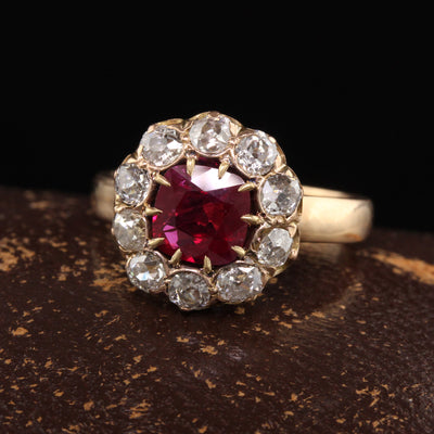 Antique Victorian 18K Yellow Gold Burma Ruby Old Mine Diamond Engagement Ring