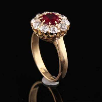 Antique Victorian 18K Yellow Gold Burma Ruby Old Mine Diamond Engagement Ring