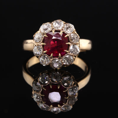 Antique Victorian 18K Yellow Gold Burma Ruby Old Mine Diamond Engagement Ring