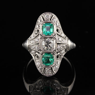 Antique Art Deco Platinum Old Euro Diamond and Emerald Shield Ring