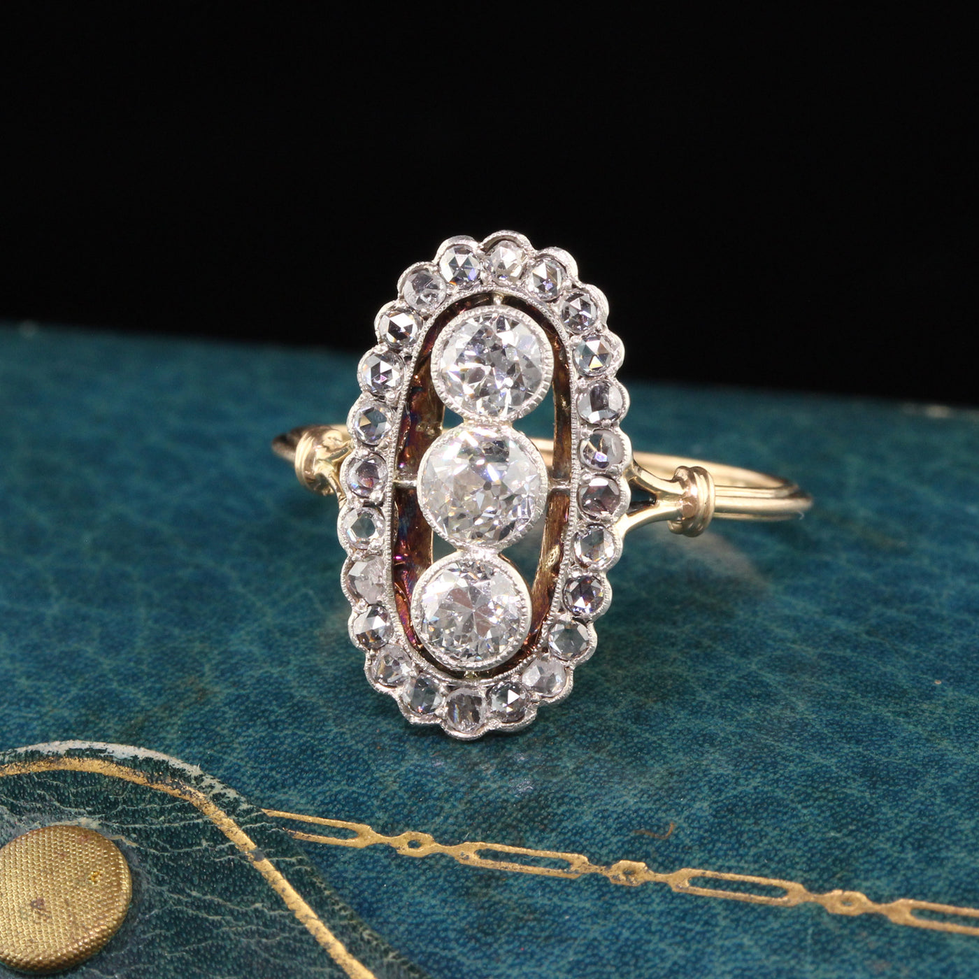 Antique Edwardian 18K Yellow Gold Old European & Rose Cut Diamond Three Stone Dinner Ring