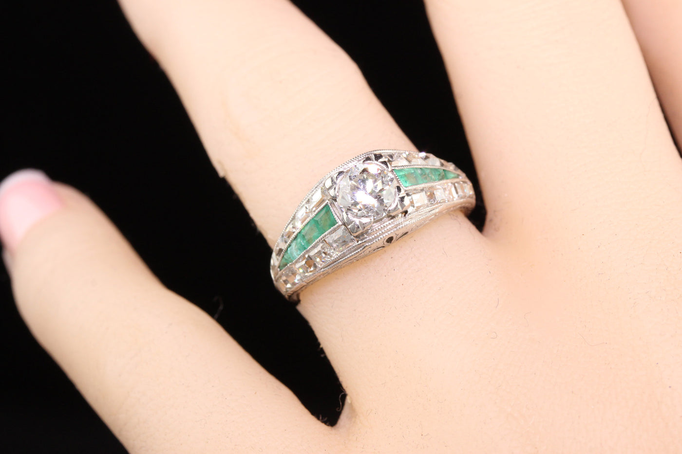 Antique Art Deco Platinum Old European and Carre Cut Diamond Engagement Ring