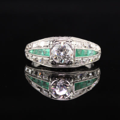 Antique Art Deco Platinum Old European and Carre Cut Diamond Engagement Ring