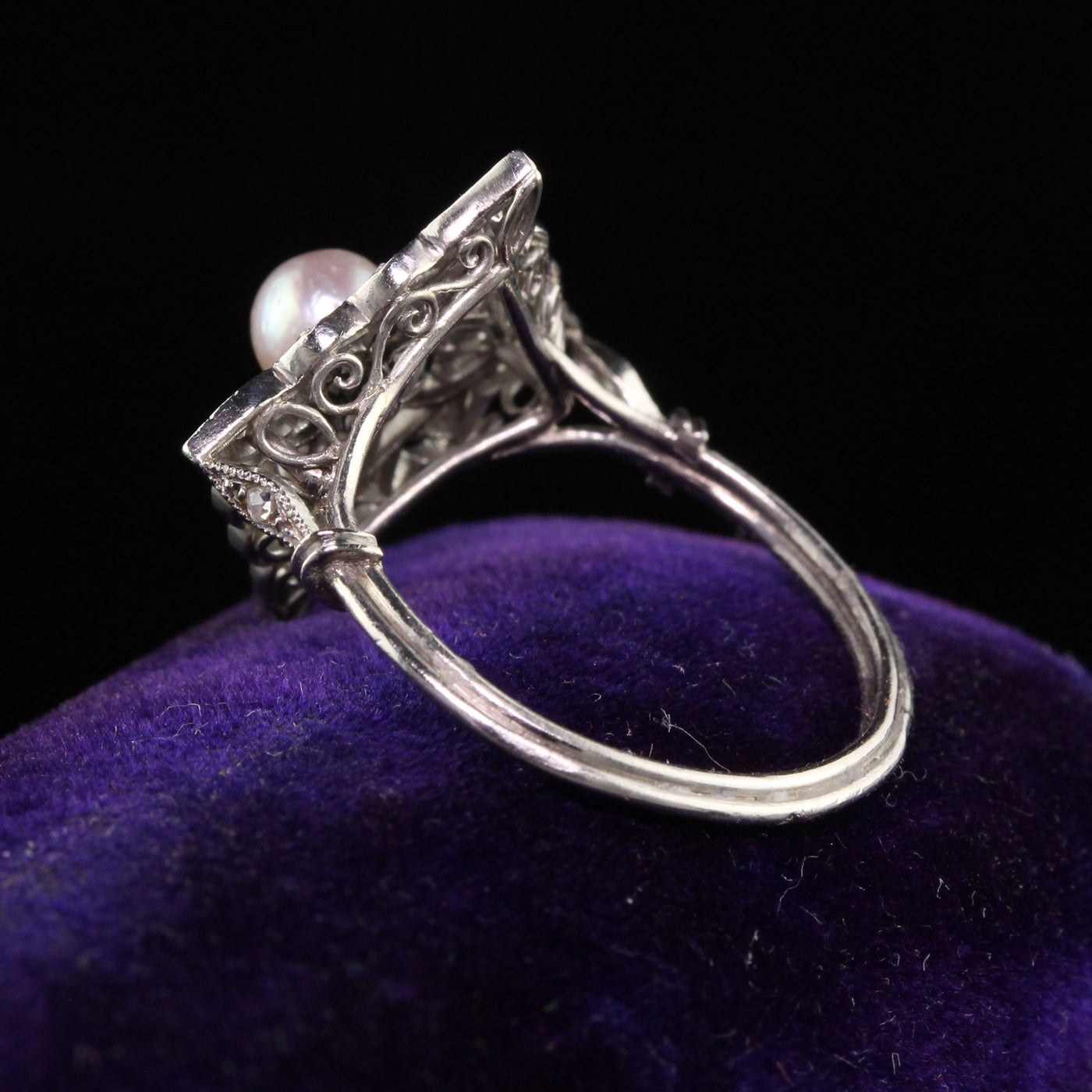 Antique Edwardian French Platinum Rose Cut Diamond Pearl Ring