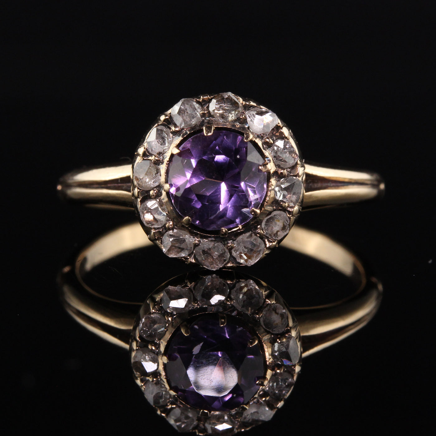 Antique Victorian 14K Yellow Gold Rose Cut Diamond Amethyst Engagement Ring