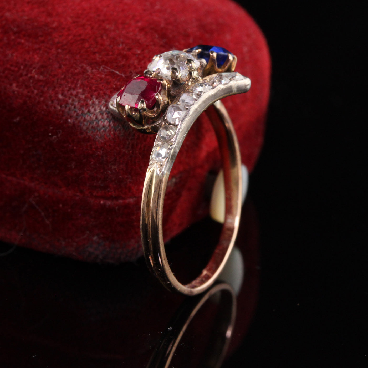Antique Victorian 18K Yellow Gold Diamond Ruby Sapphire Three Stone Ring