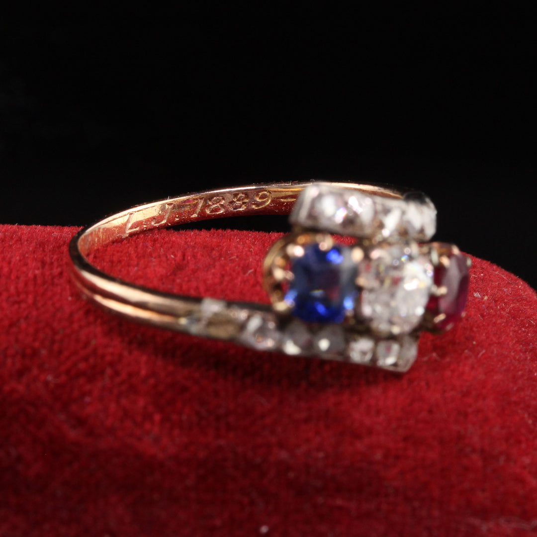 Antique Victorian 18K Yellow Gold Diamond Ruby Sapphire Three