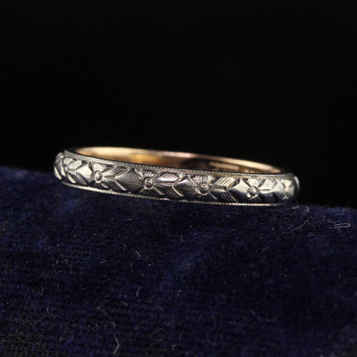 Antique Art Deco 18K White Gold and 14K Gold Classic Engraved Wedding Band
