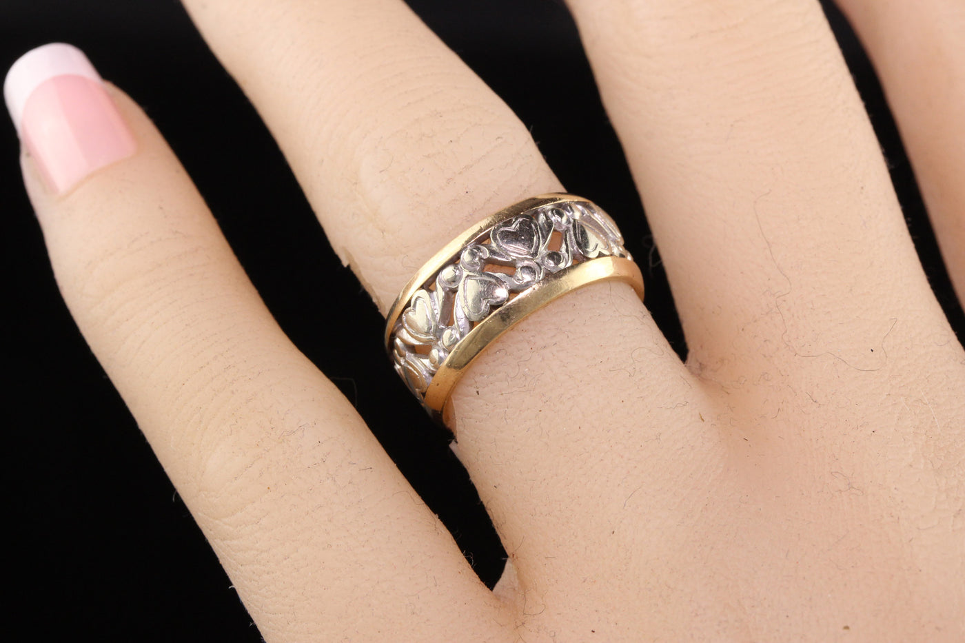 Antique Art Deco 14K White and Yellow Gold Wide Heart Wedding Band