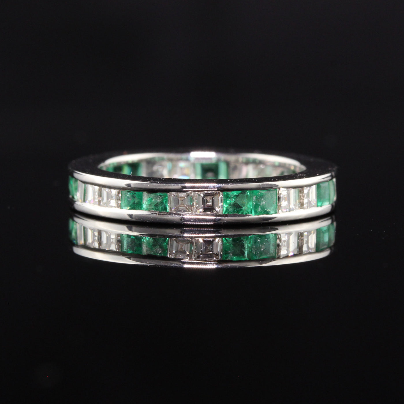 Antique Art Deco 14K White Gold Emerald Carre Cut Diamond Eternity Wedding Band