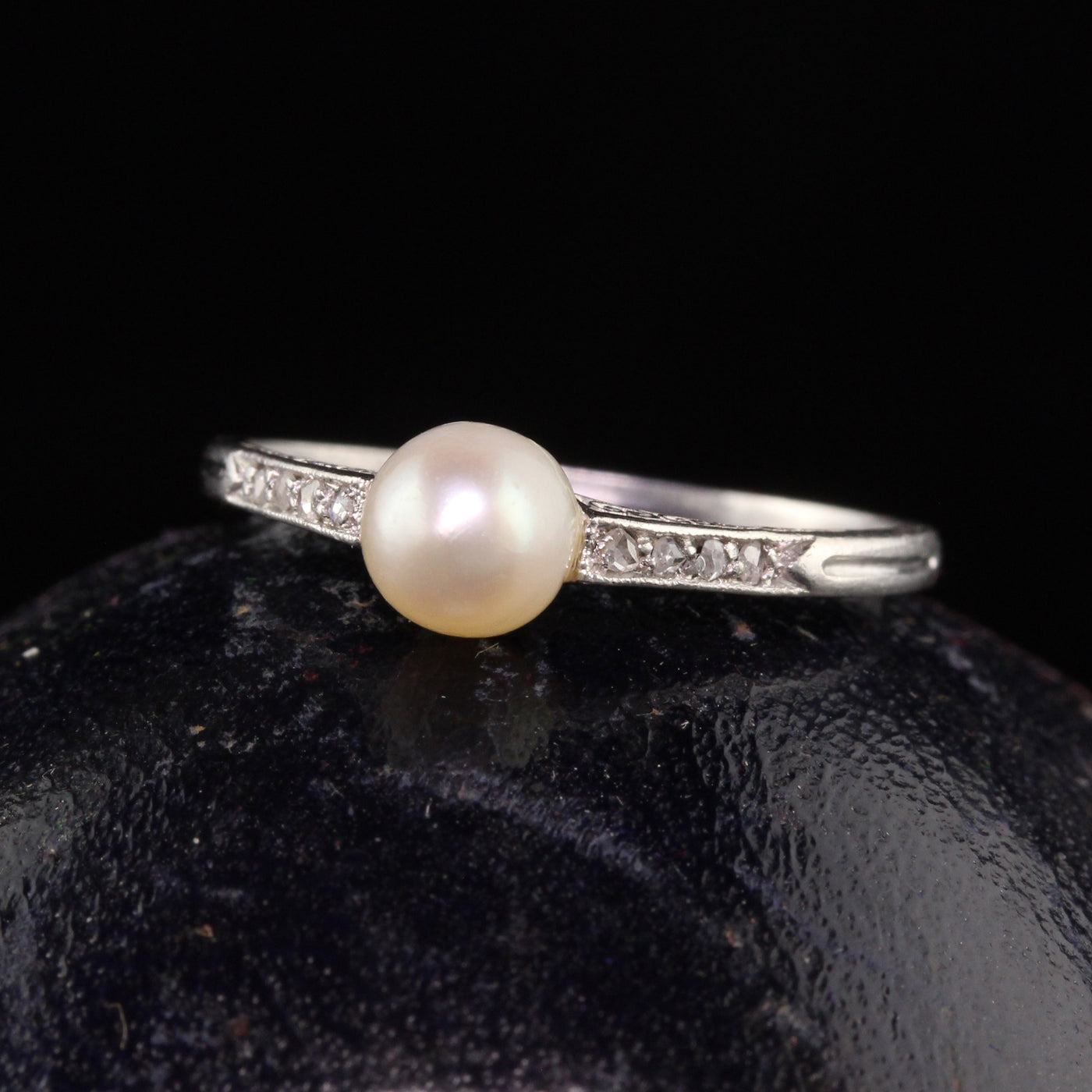Antique Art Deco Platinum Natural Pearl and Diamond Engagement Ring