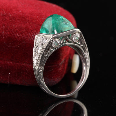 Antique Art Deco Platinum Sugar Loaf Emerald Old Euro Diamond Filigree Ring