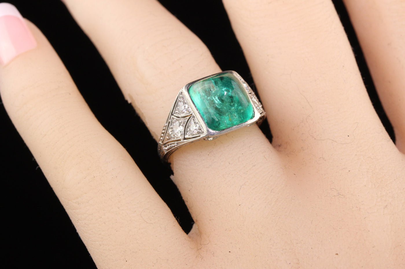 Antique Art Deco Platinum Sugar Loaf Emerald Old Euro Diamond Filigree Ring