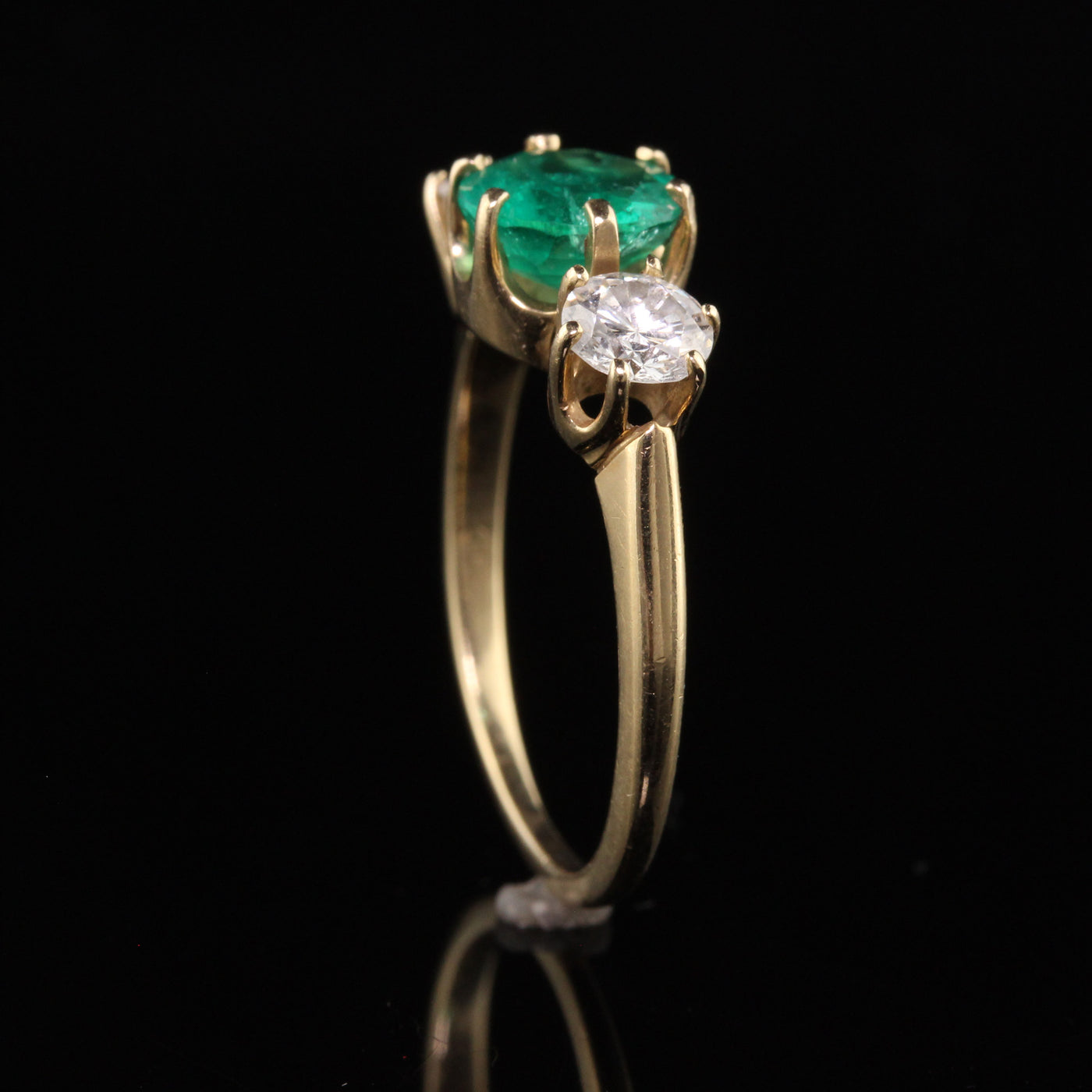 Vintage Retro 14K Yellow Gold Emerald and Diamond Three Stone Ring