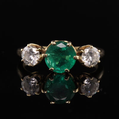 Vintage Retro 14K Yellow Gold Emerald and Diamond Three Stone Ring