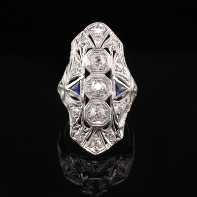 Antique Art Deco Platinum Old European Diamond and Sapphire Shield Ring