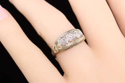 Antique Art Deco 18K White Gold and Platinum Old Euro Diamond Three Stone Ring