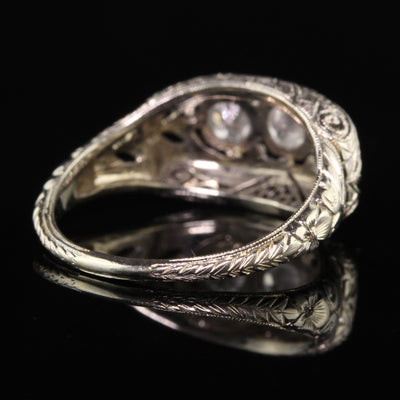 Antique Art Deco 18K White Gold and Platinum Old Euro Diamond Three Stone Ring