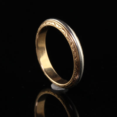 Antique Art Deco 18K Yellow Gold and White Gold Engraved Wedding Band