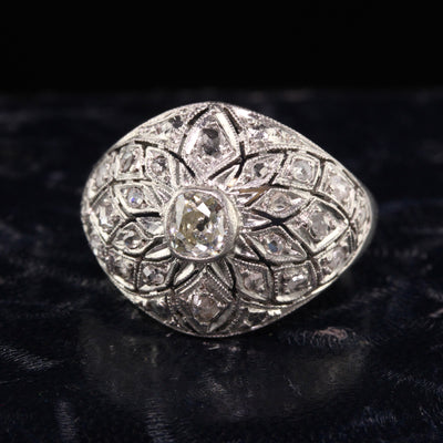 RESERVED - Antique Art Deco Platinum Old Mine Rose Cut Diamond Domed Bombe Ring