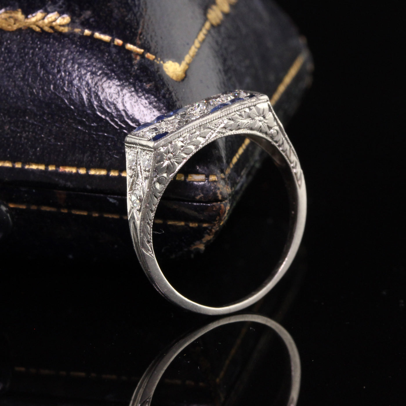 Antique Art Deco Platinum Old European Diamond and Sapphire Engraved Ring