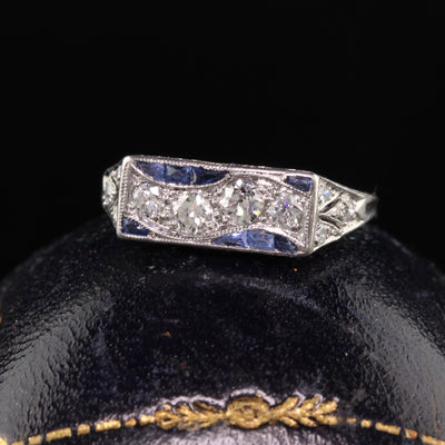Antique Art Deco Platinum Old European Diamond and Sapphire Engraved Ring