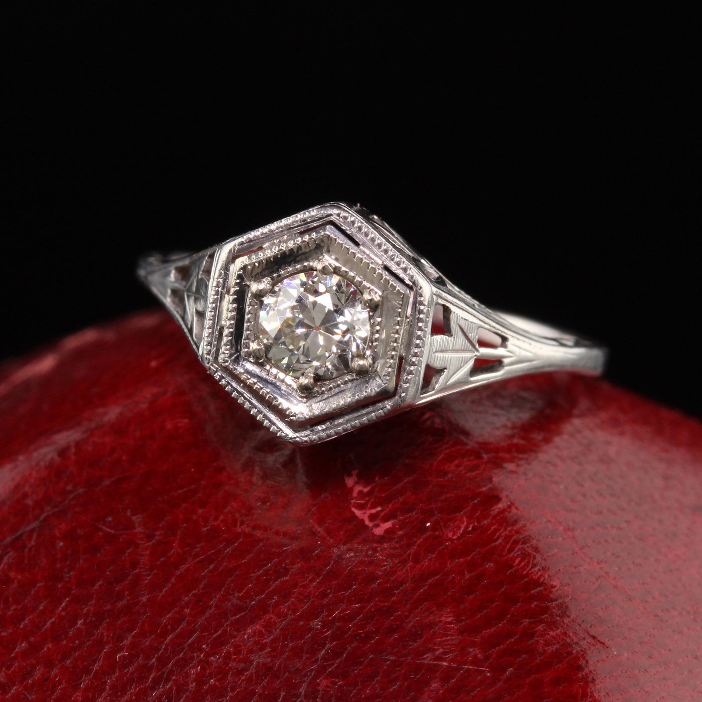 Antique Art Deco 14K White Gold Old European Cut Diamond Engagement Ring