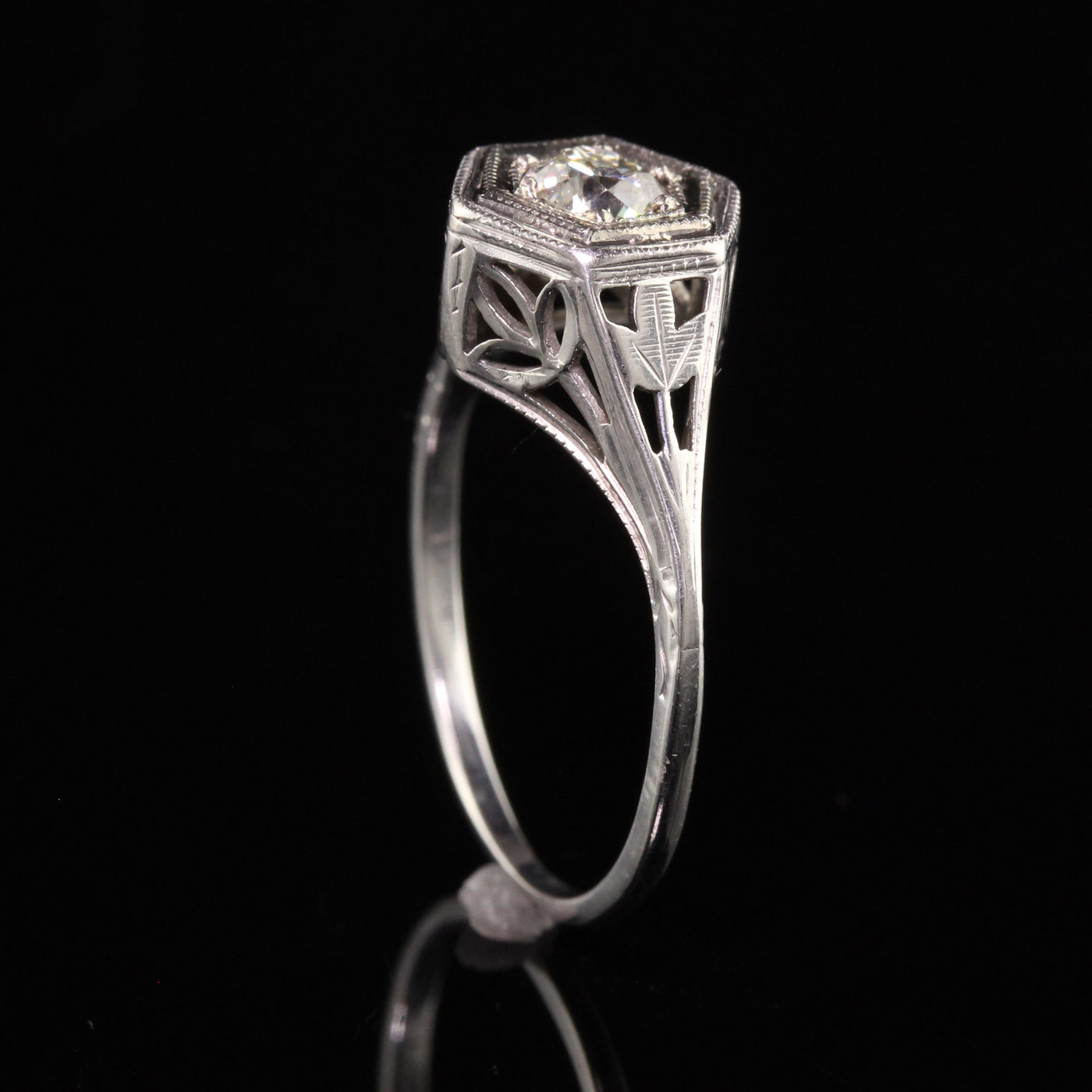 Antique Art Deco 14K White Gold Old European Cut Diamond Engagement Ring