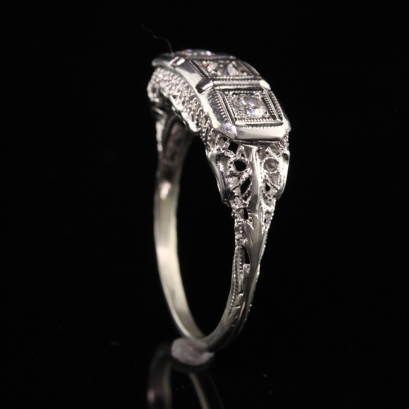 Antique Art Deco 14K White Gold Old European Cut Diamond Three Stone Ring