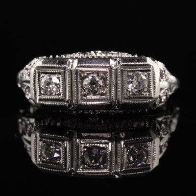 Antique Art Deco 14K White Gold Old European Cut Diamond Three Stone Ring