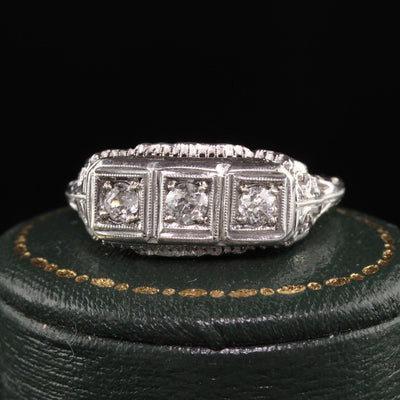 Antique Art Deco 14K White Gold Old European Diamond Three Stone Ring