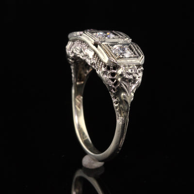Antique Art Deco 14K White Gold Old European Diamond Three Stone Ring