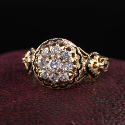 Antique Victorian 18K Yellow Gold Old Mine Cut Diamond Enamel Cluster Ring