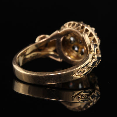 Antique Victorian 18K Yellow Gold Old Mine Cut Diamond Enamel Cluster Ring