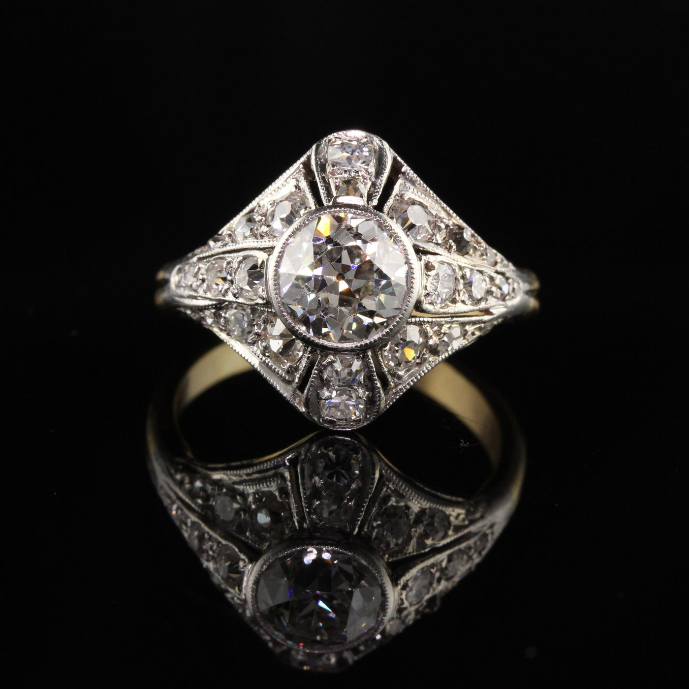 Antique Art Deco Platinum and Yellow Gold Old European Diamond Engagement Ring