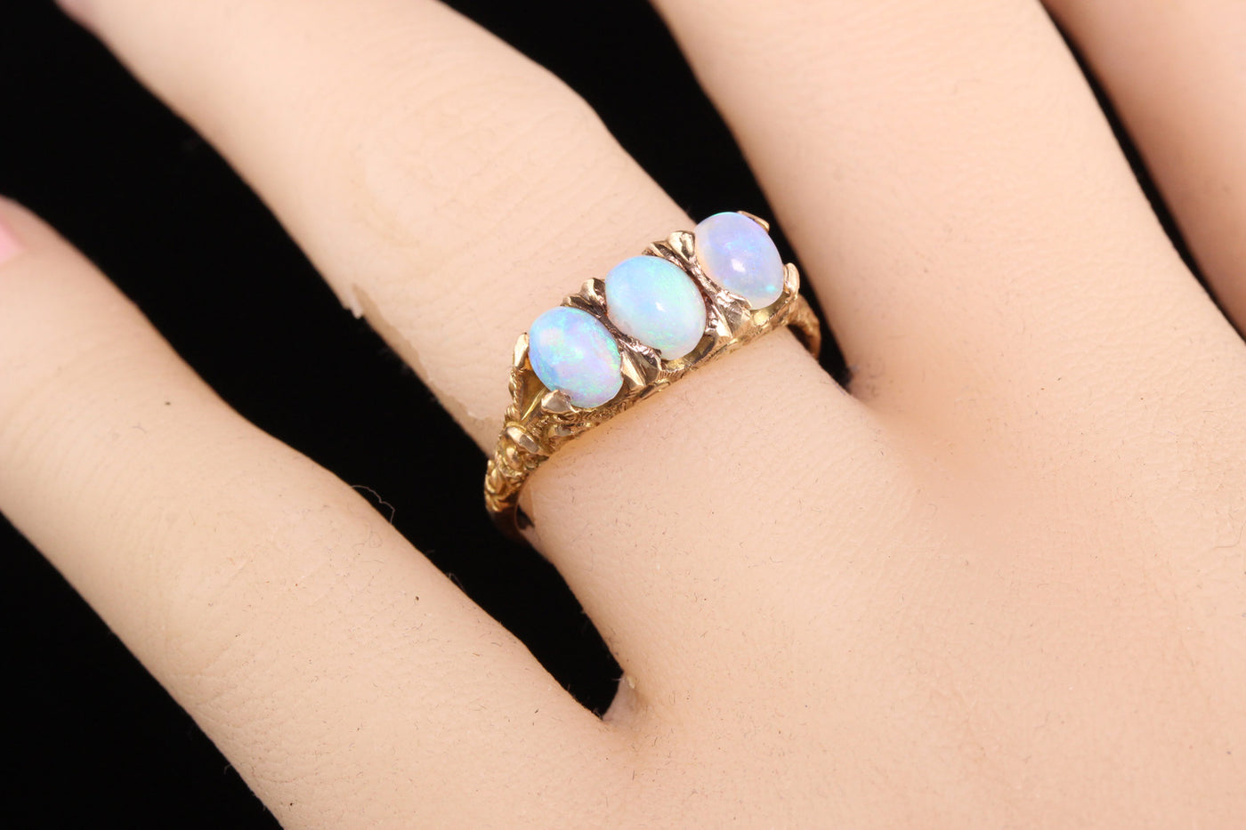 Antique Victorian 14K Yellow Gold Opal Engraved Three Stone Ring