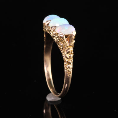 Antique Victorian 14K Yellow Gold Opal Engraved Three Stone Ring