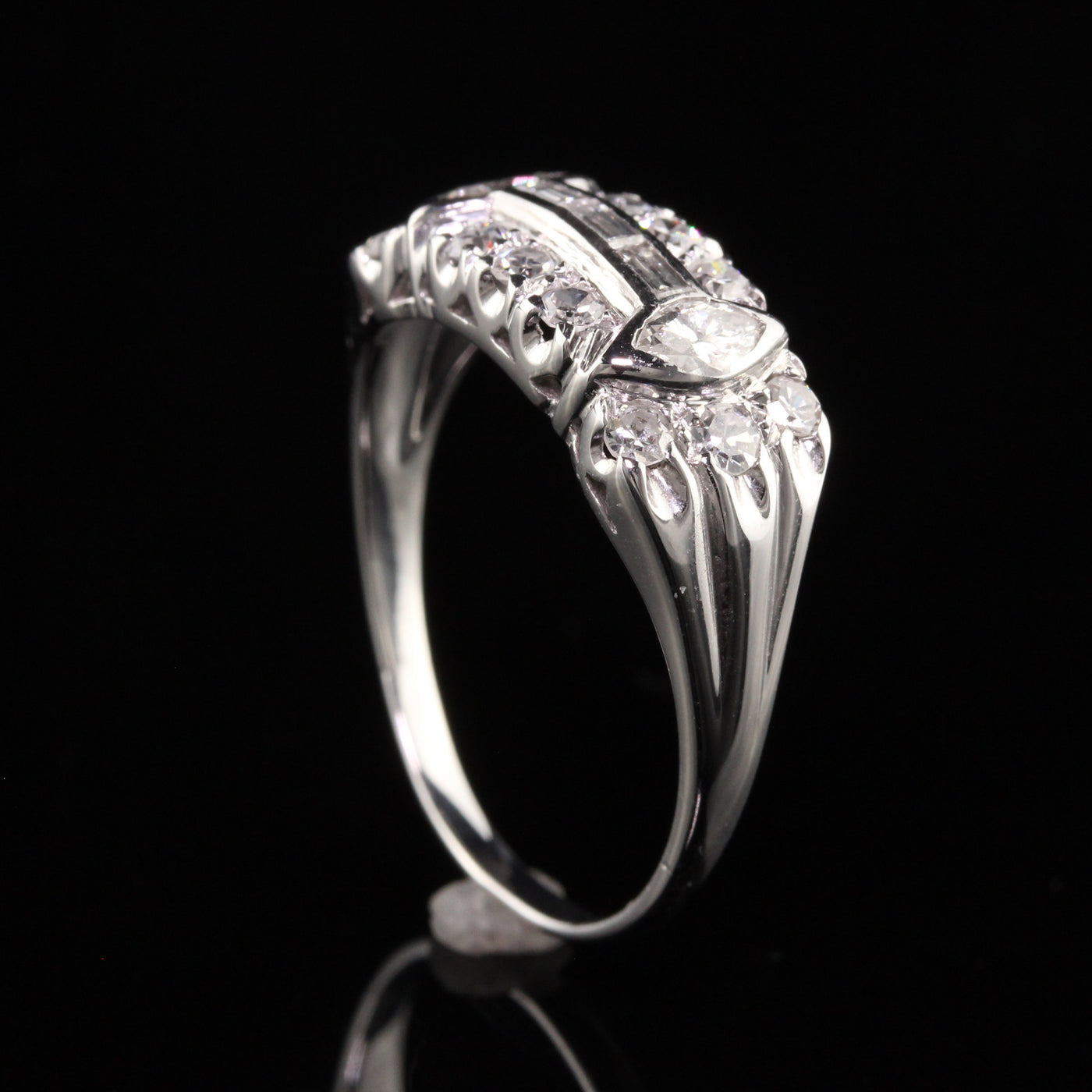 Antique Art Deco 18K White Gold Marquise and Baguette Diamond Wedding Band