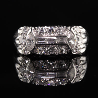 Antique Art Deco 18K White Gold Marquise and Baguette Diamond Wedding Band