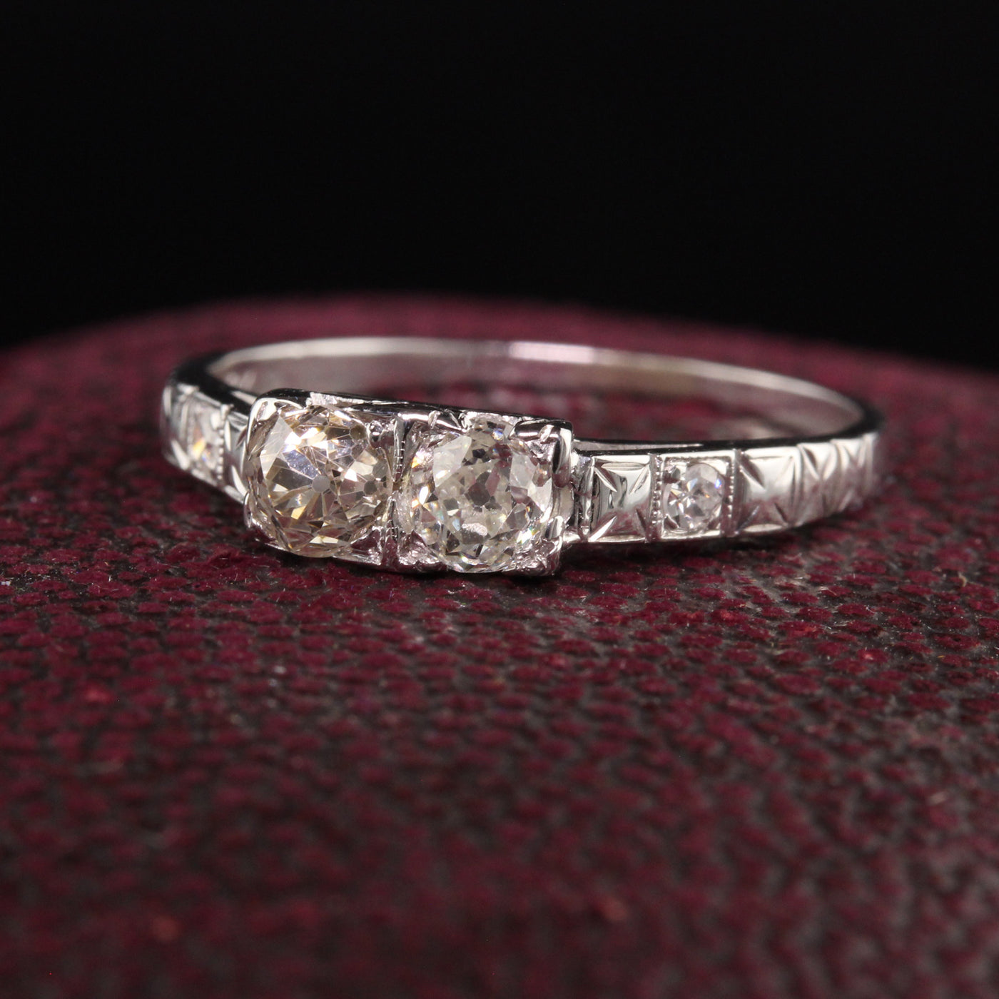 Antique Art Deco 18K White Gold Old Mine Diamond Two Stone Ring