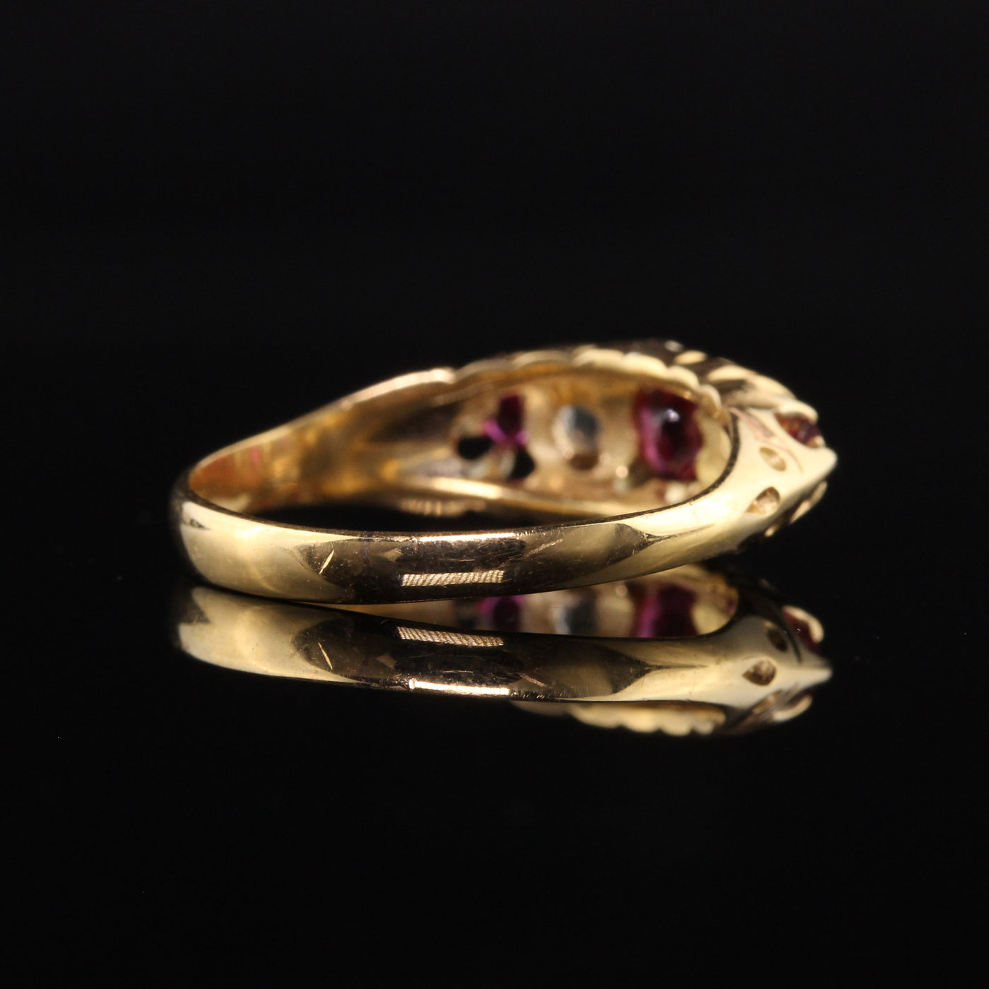 Antique Victorian English 18K Yellow Gold Rose Cut Diamond and Ruby Ring