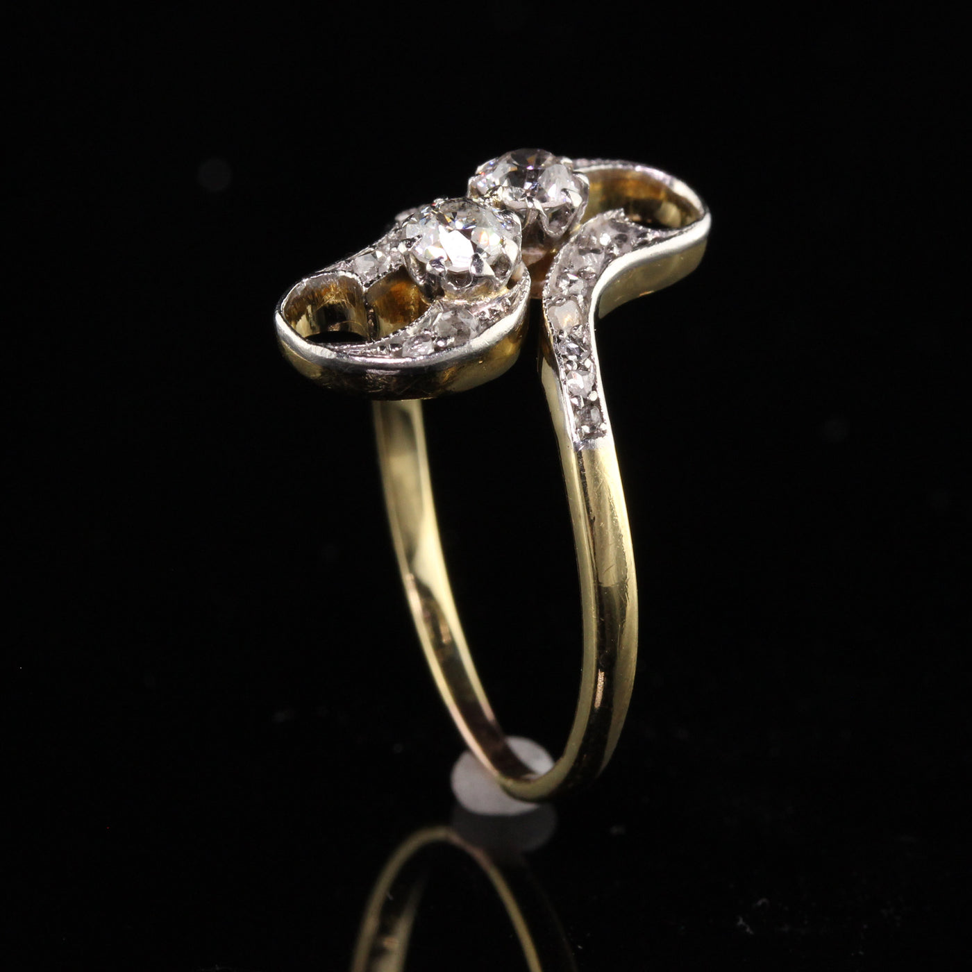 Antique Edwardian 18K Yellow Gold Old Mine Rose Cut Diamond Toi et Moi Ring