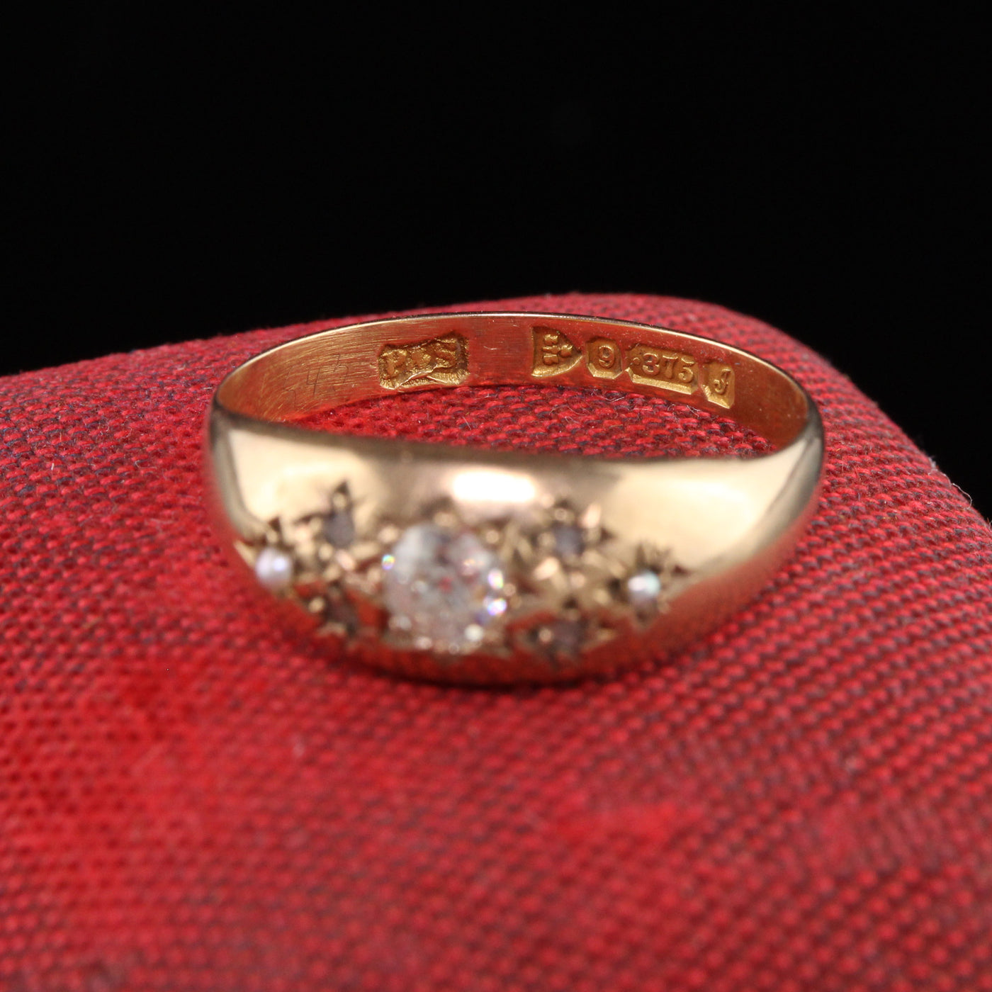 Antique Victorian English 10K Yellow Gold Old Mine Rose Cut Diamond Pearl Ring