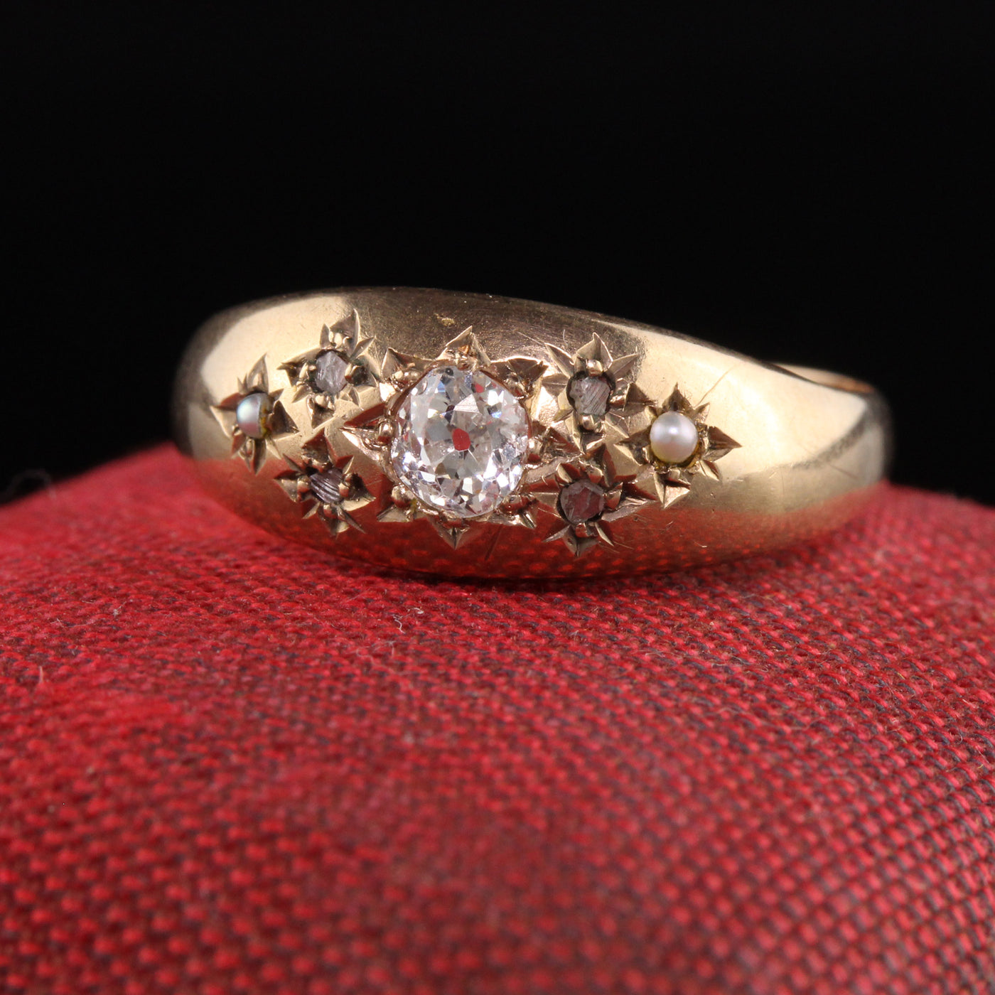 Antique Victorian English 10K Yellow Gold Old Mine Rose Cut Diamond Pearl Ring